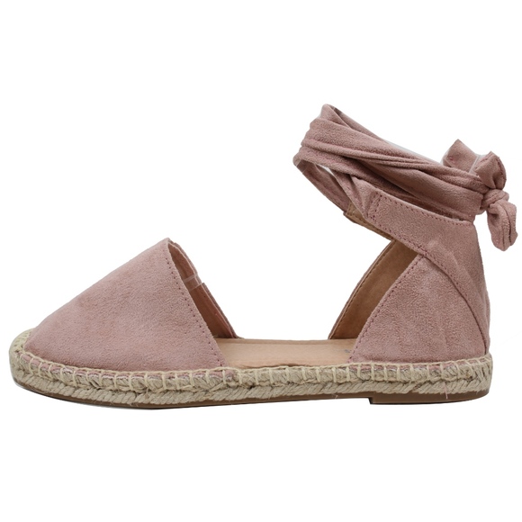 Shoes - Pink Faux Suede Crochet Espadrille Ankle Wrap Tie